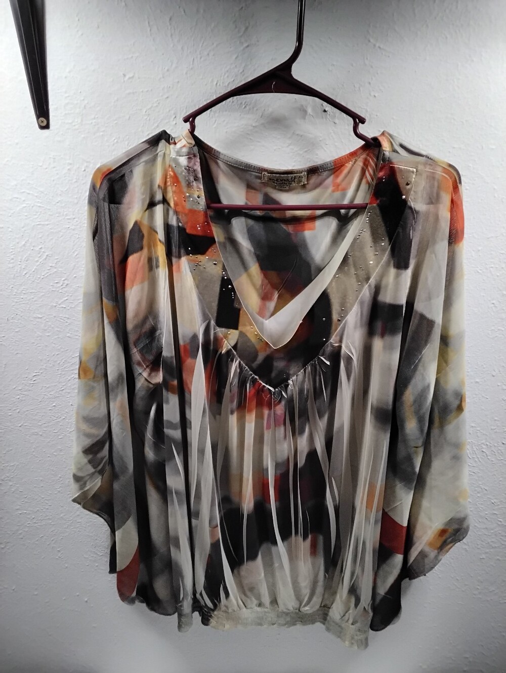 ONE WORLD Sheer Abstract Print V-Neck Blouse in Black, White, Orange